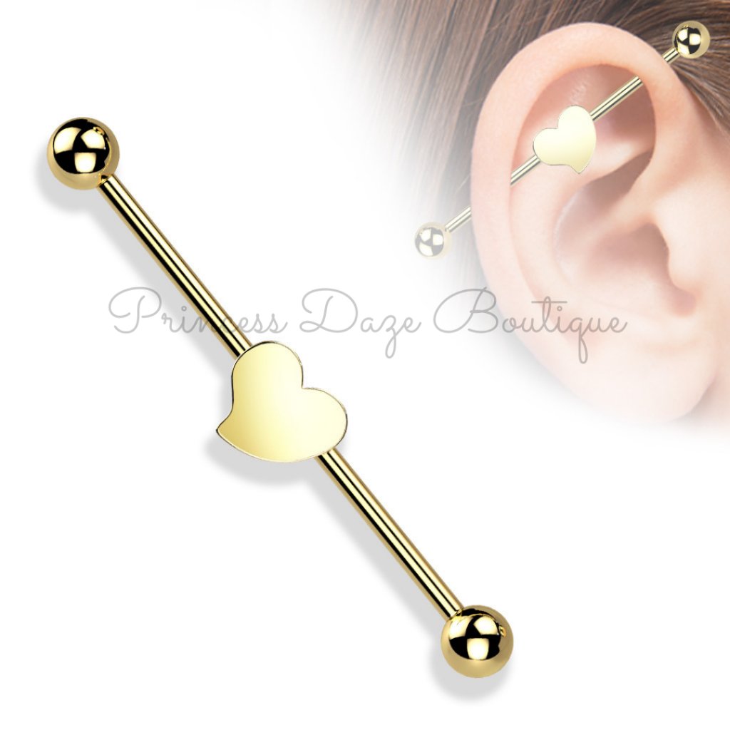Gold Heart Industrial Barbell Earring Gold Heart Industrial Barbell Earring